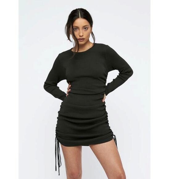 Lioness Black Ruched Drawstring Bodycon Stretch Knit Long Sleeve Mini Dress Sz S - Picture 4 of 13